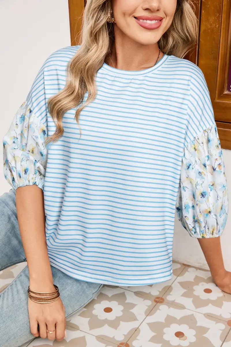 Sky Blue Stripe Three Quarter Floral Puff Sleeve Patchwork Drop Shoulder Top - Love Salve